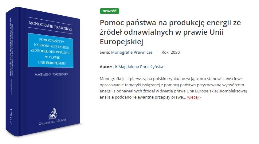 Monografia “Pomoc państwa na produkcję energii ze źródeł odnawialnych w prawie Unii Europejskiej” już dostępna